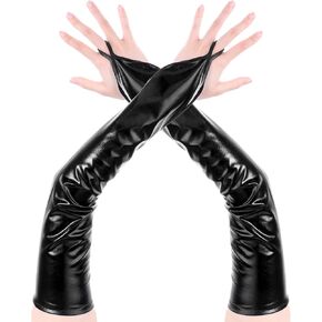Black Fingerless Gloves Long Metalic Opera Gloves Sexy Elbow Length Gloves for Women Halloween Tea Party