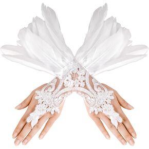 Long Lace Gloves, Masquerade Gloves with Feather Cuffs Costume Accessories Feather Gloves Party Gloves for Women