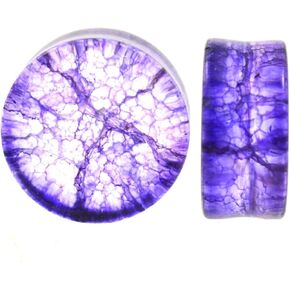 Pair 11/16" (18MM) PURPLE SHATTERED GLASS PLUGS Double Flare Gauges Cracked Organic Tunnels (2pcs)