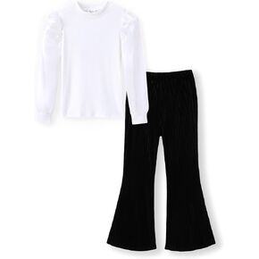 PATPAT Girls Pant Sets 2 Piece Outfit Puff Long Sleeve Mock Neck Rib Knit Blouse Tops and Flare Leg Pants Size 5-14Y