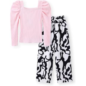 PATPAT Girls Outfits Sets Square Neck Puff Long Sleeve Top and Wide Leg Pant 2 Pieces Fall Outfits Size 5-14Y