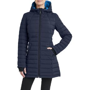 Women's Stretch 3/4 Lightweight Puffer Jacket Welt Hand Pockets Knit Cuff with Thumbhole Water Resistant 32" Coat