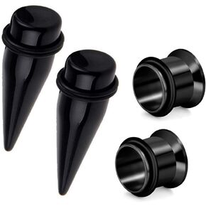 2 Pairs Black Acrylic Tapers and 316L Steel Tunnels Ear Gauging Kit 14G~1inch