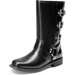 DREAM PAIRS Girls Boots Square Toe Knee High Motorcycle Booties with Buckles Riding Biker Boots Little Kid/Big Kid