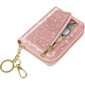 14 Credit Card Slots RFID Card Holder Wallet Glitter Leather Small Cute Card Organizer Case with Coin Pocket & Keychain,Rose Gold