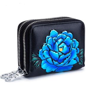 Flower Leather Business Credit Card Wallet Holder Case Name Card Holder Leather ID Case Holder Security Travel Wallet(Blue)
