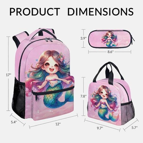 Girls Backpack for School, Mermaid Backpack for Elementary Preschool, Cute Kid Backpacks with Lunch Box and Pencil Case, 17" Lightweight Large Capacity Aesthetic Bookbag in Saudi Arabia