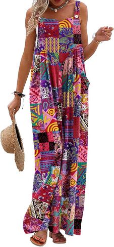 YESNO ملابس صيفية غير رسمية فضفاضة للنساء واسعة الساق حللا بوهو مطبوعة بالورود فضفاضة مع جيوب M PZH P002R in Kuwait