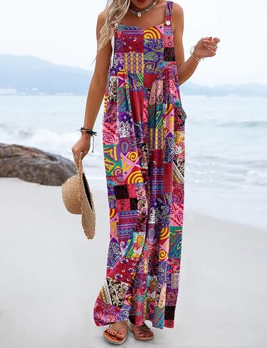 YESNO ملابس صيفية غير رسمية فضفاضة للنساء واسعة الساق حللا بوهو مطبوعة بالورود فضفاضة مع جيوب M PZH P002R in Kuwait