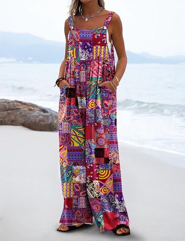 YESNO ملابس صيفية غير رسمية فضفاضة للنساء واسعة الساق حللا بوهو مطبوعة بالورود فضفاضة مع جيوب M PZH P002R in Kuwait