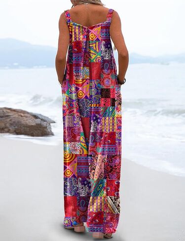 YESNO ملابس صيفية غير رسمية فضفاضة للنساء واسعة الساق حللا بوهو مطبوعة بالورود فضفاضة مع جيوب M PZH P002R in Kuwait