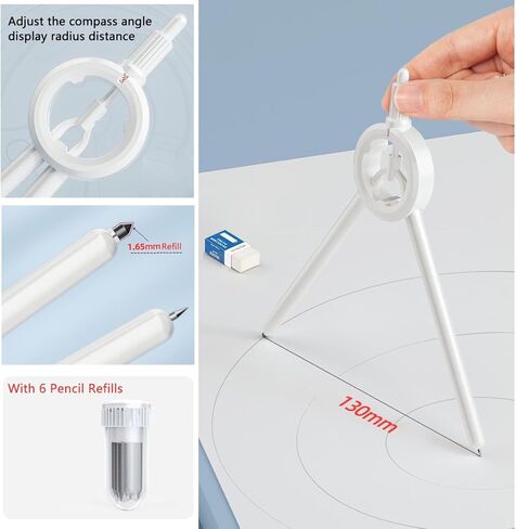 ترقية البوصلة الهندسية للرياضيات للطلاب، مع عبوة إضافية، بيضاء، تأتي مع مسطرة قياس، اضغط لسحب الإبرة المعدنية، لرسم بوصلة مكتب المدرسة in Kuwait