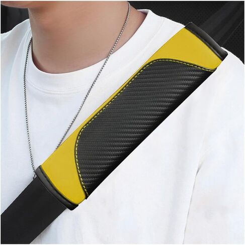 2 PCS Car Seat Belt Cover, Carbon Fiber Leather Auto Seat Belt Pads Cover, Safety Seatbelt Shoulder Strap Covers Protect Your Neck and Shoulder, Universal Car Accessories (Black+Yellow) in Saudi Arabia
