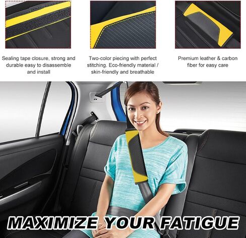 2 PCS Car Seat Belt Cover, Carbon Fiber Leather Auto Seat Belt Pads Cover, Safety Seatbelt Shoulder Strap Covers Protect Your Neck and Shoulder, Universal Car Accessories (Black+Yellow) in Saudi Arabia