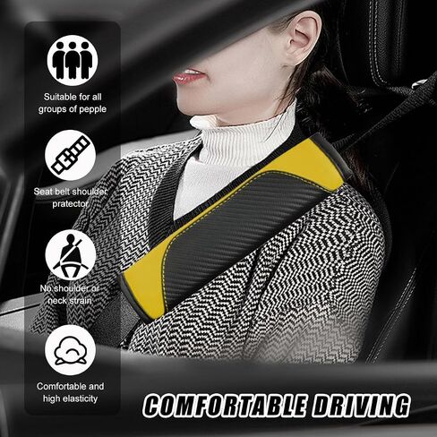 2 PCS Car Seat Belt Cover, Carbon Fiber Leather Auto Seat Belt Pads Cover, Safety Seatbelt Shoulder Strap Covers Protect Your Neck and Shoulder, Universal Car Accessories (Black+Yellow) in Saudi Arabia
