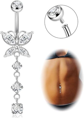 14G Pure G23 Titanium Dangle Belly Button Rings for Women Butterfly CZ Dangle Belly Ring Internally Thread Dangling Navel Piercing Jewelry for Sensitive Skin in Saudi Arabia