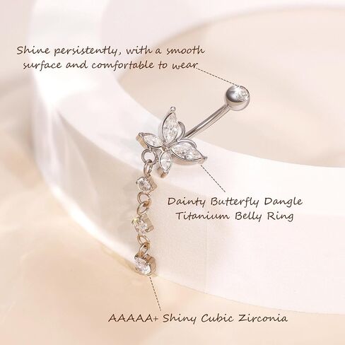 14G Pure G23 Titanium Dangle Belly Button Rings for Women Butterfly CZ Dangle Belly Ring Internally Thread Dangling Navel Piercing Jewelry for Sensitive Skin in Saudi Arabia