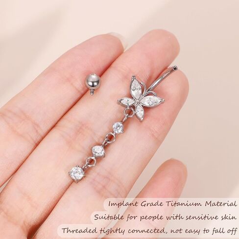 14G Pure G23 Titanium Dangle Belly Button Rings for Women Butterfly CZ Dangle Belly Ring Internally Thread Dangling Navel Piercing Jewelry for Sensitive Skin in Saudi Arabia