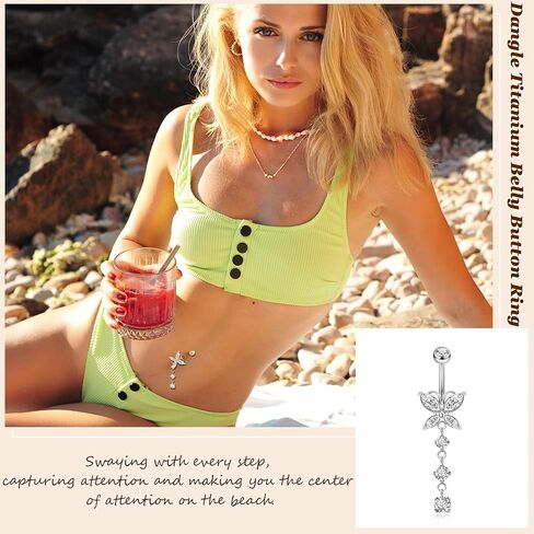 14G Pure G23 Titanium Dangle Belly Button Rings for Women Butterfly CZ Dangle Belly Ring Internally Thread Dangling Navel Piercing Jewelry for Sensitive Skin in Saudi Arabia