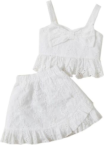 SHENHE Girl's Cute Short Sets 2 Piece Outfits Ruffle Pointelle Summer Sets Bow Knot Cami and Skirt in Saudi Arabia