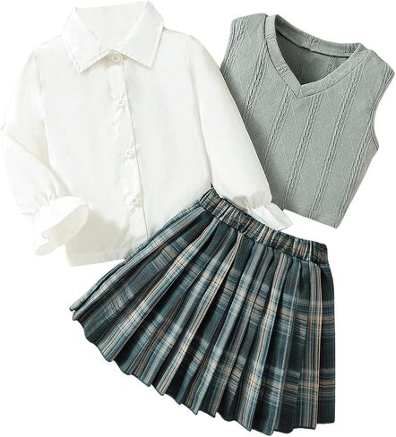MakeMeChic Girl's 3 Piece Outfits V Neck Vest Top Button Down Shirt and Plaid Pleated Skirt Set in Saudi Arabia
