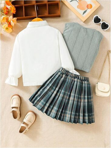 MakeMeChic Girl's 3 Piece Outfits V Neck Vest Top Button Down Shirt and Plaid Pleated Skirt Set in Saudi Arabia
