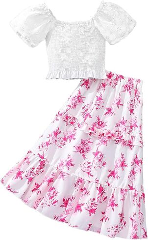 Girls 2PCS Shirred Puff Sleeve Ruffle Hem Top Blouse and Floral Print Elastic Waist Long Ruffle Hem Skirt Sets in Saudi Arabia