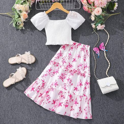Girls 2PCS Shirred Puff Sleeve Ruffle Hem Top Blouse and Floral Print Elastic Waist Long Ruffle Hem Skirt Sets in Saudi Arabia