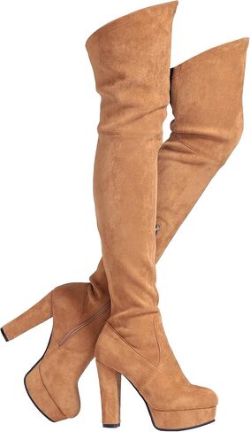 حذاء Shoe'N Tale من الجلد السويدي المطاطي بطول الفخذ وكعب مكتنز فوق الركبة (7.5، بني) in Saudi Arabia