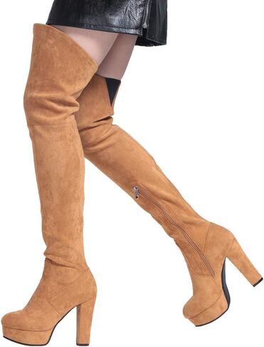 حذاء Shoe'N Tale من الجلد السويدي المطاطي بطول الفخذ وكعب مكتنز فوق الركبة (7.5، بني) in Saudi Arabia