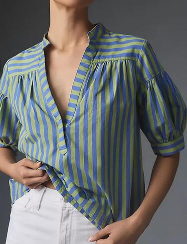 تي شيرت حريمي صيفي مطوي برقبة على شكل حرف V وأكمام قصيرة وبلوزات فضفاضة كاجوال مخططة تونيك علوي (أزرق-M)، مقاس متوسط in Kuwait