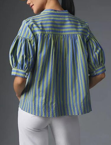 تي شيرت حريمي صيفي مطوي برقبة على شكل حرف V وأكمام قصيرة وبلوزات فضفاضة كاجوال مخططة تونيك علوي (أزرق-M)، مقاس متوسط in Kuwait