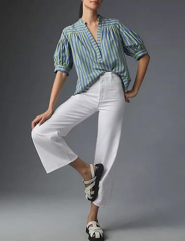 تي شيرت حريمي صيفي مطوي برقبة على شكل حرف V وأكمام قصيرة وبلوزات فضفاضة كاجوال مخططة تونيك علوي (أزرق-M)، مقاس متوسط in Kuwait