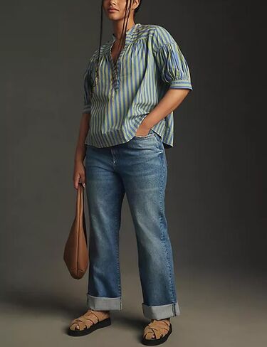 تي شيرت حريمي صيفي مطوي برقبة على شكل حرف V وأكمام قصيرة وبلوزات فضفاضة كاجوال مخططة تونيك علوي (أزرق-M)، مقاس متوسط in Kuwait