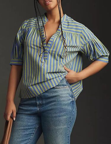 تي شيرت حريمي صيفي مطوي برقبة على شكل حرف V وأكمام قصيرة وبلوزات فضفاضة كاجوال مخططة تونيك علوي (أزرق-M)، مقاس متوسط in Kuwait