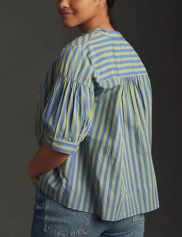 تي شيرت حريمي صيفي مطوي برقبة على شكل حرف V وأكمام قصيرة وبلوزات فضفاضة كاجوال مخططة تونيك علوي (أزرق-M)، مقاس متوسط in Kuwait