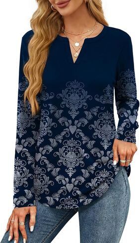 OFEEFAN Long Sleeve Shirts for Women V Neck Dressy Casual Blouses Trendy Fall Outfits Loose Fit Tunic Tops Curved Hem in Saudi Arabia
