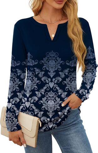 OFEEFAN Long Sleeve Shirts for Women V Neck Dressy Casual Blouses Trendy Fall Outfits Loose Fit Tunic Tops Curved Hem in Saudi Arabia