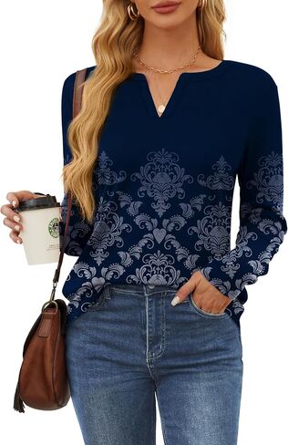 OFEEFAN Long Sleeve Shirts for Women V Neck Dressy Casual Blouses Trendy Fall Outfits Loose Fit Tunic Tops Curved Hem in Saudi Arabia