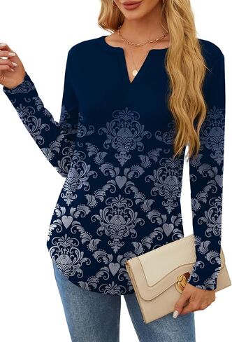 OFEEFAN Long Sleeve Shirts for Women V Neck Dressy Casual Blouses Trendy Fall Outfits Loose Fit Tunic Tops Curved Hem in Saudi Arabia