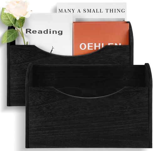 2 Pack Wood Magazine Holder Wall File Holder Mail Organizer Wall Mounted Wall Hanging File Organizer with 20 Screws for Office Mail Magazine Letter Paper Folder Organization(Black) in Saudi Arabia