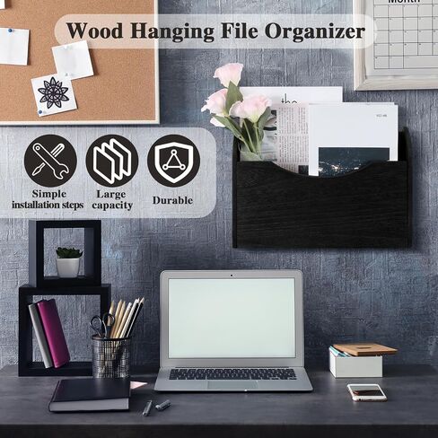 2 Pack Wood Magazine Holder Wall File Holder Mail Organizer Wall Mounted Wall Hanging File Organizer with 20 Screws for Office Mail Magazine Letter Paper Folder Organization(Black) in Saudi Arabia