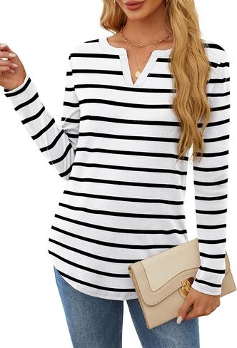 OFEEFAN Long Sleeve Shirts for Women V Neck Dressy Casual Blouses Trendy Fall Outfits Loose Fit Tunic Tops Curved Hem in Saudi Arabia