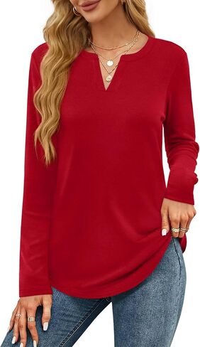 OFEEFAN Long Sleeve Shirts for Women V Neck Dressy Casual Blouses Trendy Fall Outfits Loose Fit Tunic Tops Curved Hem in Saudi Arabia