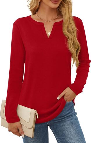 OFEEFAN Long Sleeve Shirts for Women V Neck Dressy Casual Blouses Trendy Fall Outfits Loose Fit Tunic Tops Curved Hem in Saudi Arabia