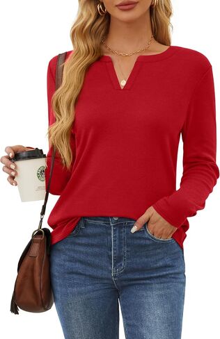 OFEEFAN Long Sleeve Shirts for Women V Neck Dressy Casual Blouses Trendy Fall Outfits Loose Fit Tunic Tops Curved Hem in Saudi Arabia