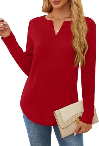 OFEEFAN Long Sleeve Shirts for Women V Neck Dressy Casual Blouses Trendy Fall Outfits Loose Fit Tunic Tops Curved Hem in Saudi Arabia