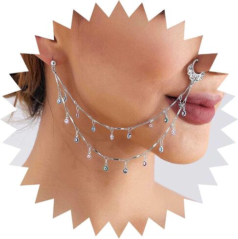 Boho Crystal Nose To Ear Chain Colorful Flower Nose Ring Gold Cz Nose Pins Non Pierced Nose Ring Daisy Flower Nose Pins Hoop Chain Dance Party Nose Indian Jewelry for Women(Flower) in Saudi Arabia