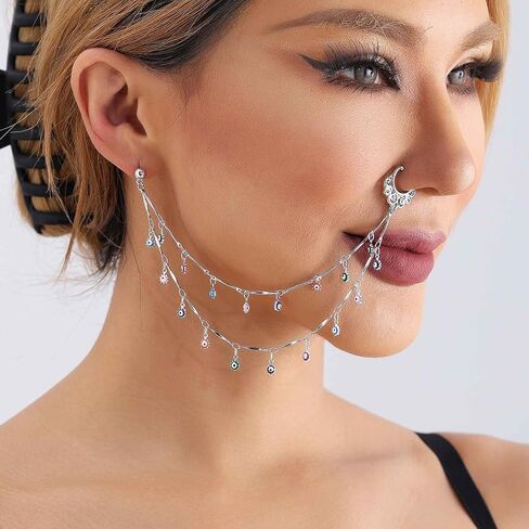 Boho Crystal Nose To Ear Chain Colorful Flower Nose Ring Gold Cz Nose Pins Non Pierced Nose Ring Daisy Flower Nose Pins Hoop Chain Dance Party Nose Indian Jewelry for Women(Flower) in Saudi Arabia