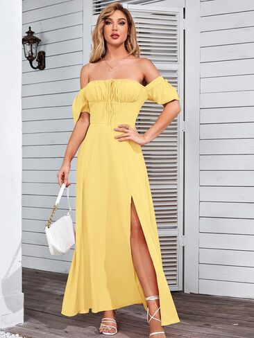 Women's Summer Puff Sleeve Floral Split Maxi Dress Flowy A Line Casual Beach Long Dresses 2024 in Saudi Arabia